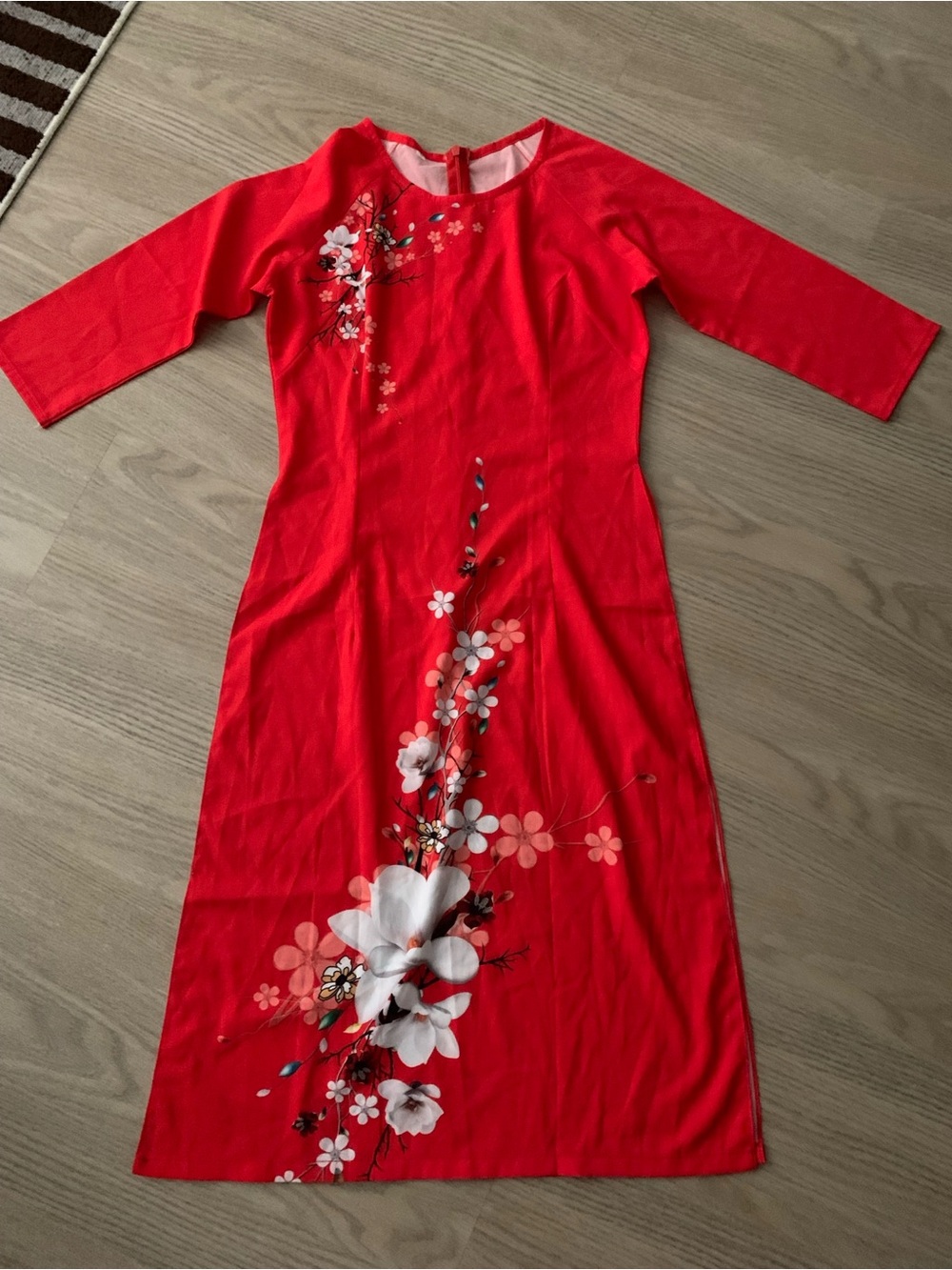 Áo Dài Red Floral Midi Dress - Classic Elegance